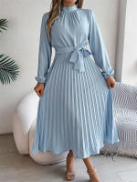 Vestido Largo Elegante Con Cuello Alto Y Mangas Completo Para Mujer Estilo Casual A-Line Cintura Cerrada Pliegues Otoño Invierno - details 34