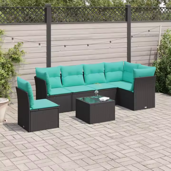 vidaXL Set de comedor de jardín 7 pzas y cojines ratán sintético negro - 1
