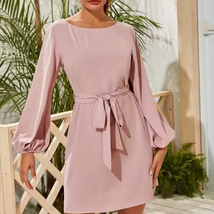 Vestido De Mujer Talla Grande En Chiffón Color Sólido Con Mangas Farol Y Cinturón Estilo Elegante Y Simple Para Oficina Y Fiestas - 1