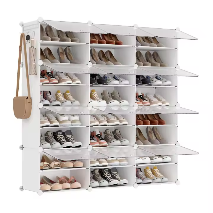 Zapatero Modular de Plástico con 12 Compartimentos y Puertas - Estantería de 32x124.4x124.6 cm, Marco de Acero, Paneles de Plástico, Color Blanco - 1
