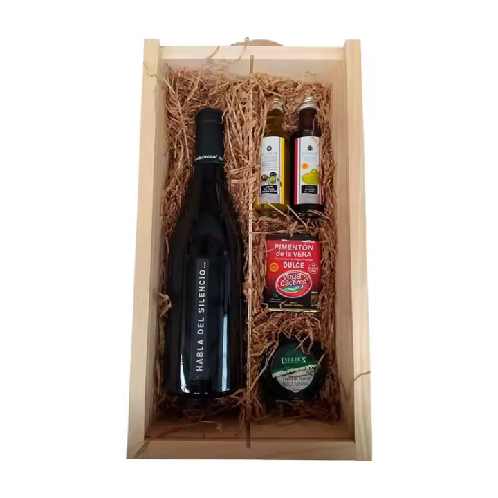 Deliex. Estuche en madera de pino, Vino Habla del silencio, AOVE 100 ml, vinagre, pimentón ahumado y crema torta la serena - 1