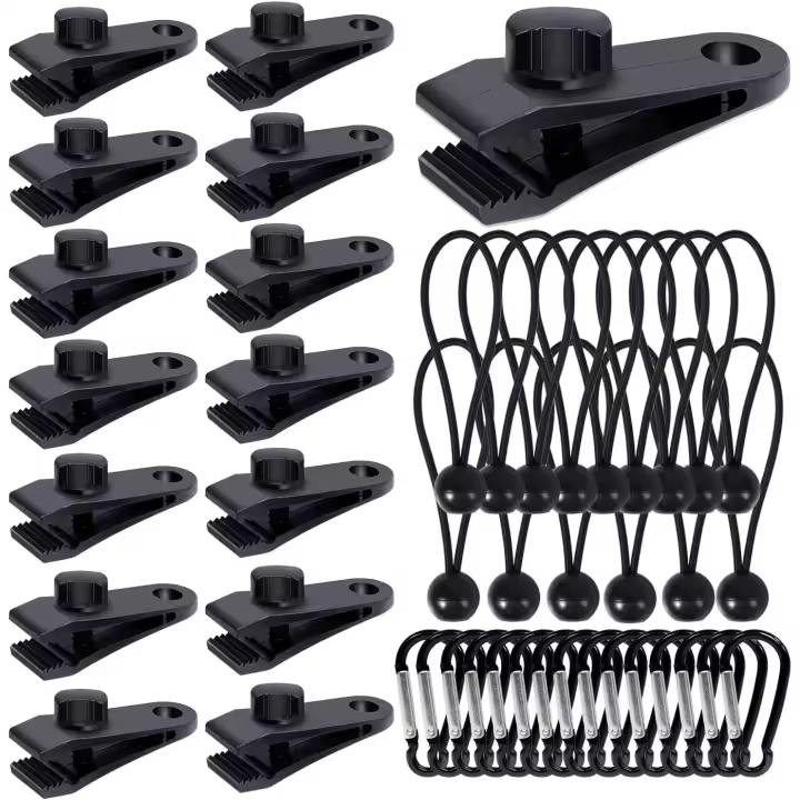 10 clips para lona, resistentes, con mosquetón y cuerda elástica. Clips para lona, sujetadores de lona Shark, clips para toldo, clips para tienda de campaña, amarres para toldo, camping, caravana. - 1