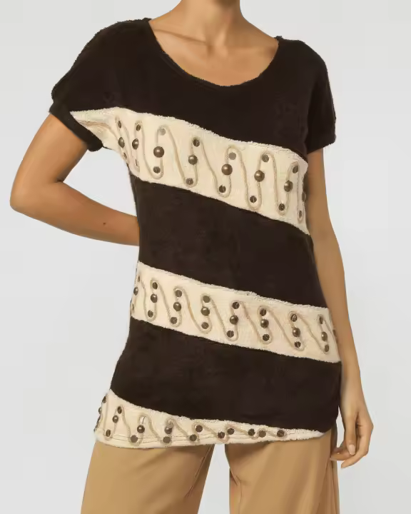 Camiseta larga, blusa manga corta, franjas diagonales bicolor, detalle botones decorativos, tejido suave, corte casual, estilo chic, cómoda y versátil, color marrón/beige, talla L ✅Entrega 24/48h - 1