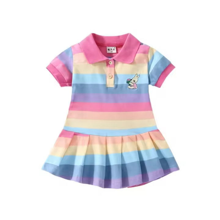 Girls Stylish & Casual Colorful Striped Rabbit Embroidered Cotton Dress for Spring & Summer - 1