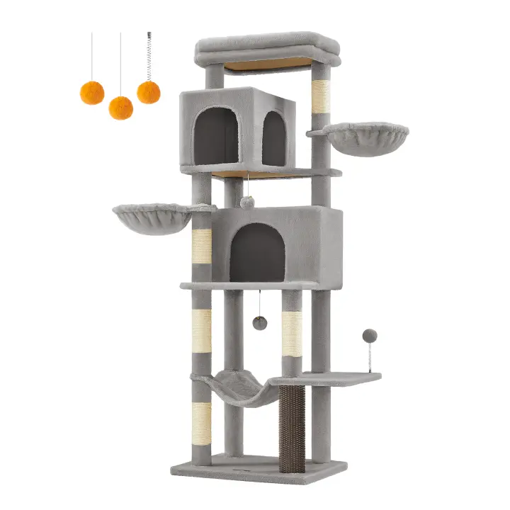 Feandrea Árbol para Gatos, Torre para Arañar de 175 cm de Altura, Multinivel con 2 Cuevas, 2 Cestas, 5 Rascadores, Alfombra, Plataforma, Hamaca, Gris Paloma/Gris Oscuro/Beige Arena - 1