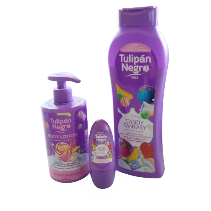 Pack Tulipán Negro Candy Fantasy: Loción Corporal 400ml + Desodorante Roll-On 50ml + Gel Baño 650ml – Mima tu piel con una explosión de dulzura, frescura y suavidad irresistible. Hidratación, protección y aroma delicioso que te acompaña todo el día - 1