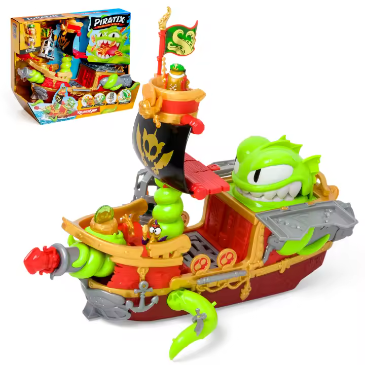 PIRATIX, ADVENTURE WORLD Kraken Ship – Barco Kraken de Piratix. Contiene 1 barco Kraken, 2 Piratix & accesorios exclusivos, 1 proyectil de cañón, 1 tesoro exclusivo, 6 tesoros dorados, 1 bandera exclusiva, 1 espada, 1 ancla y 1 prisión - 1