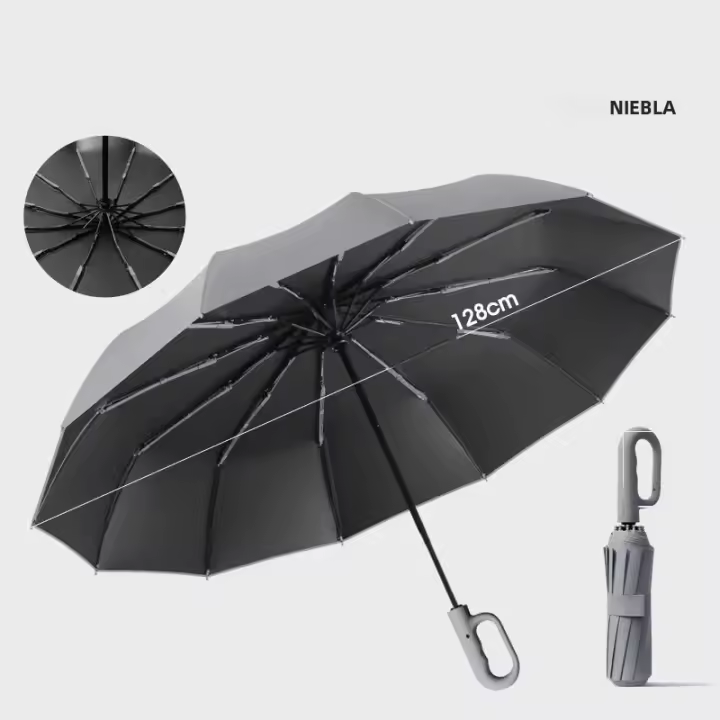 Paraguas Automático De Gran Tamaño 12 Dientes Con Hebilla Portátil Resistente Al Viento Plegable Doble Propósito Para Adultos Negro - 1