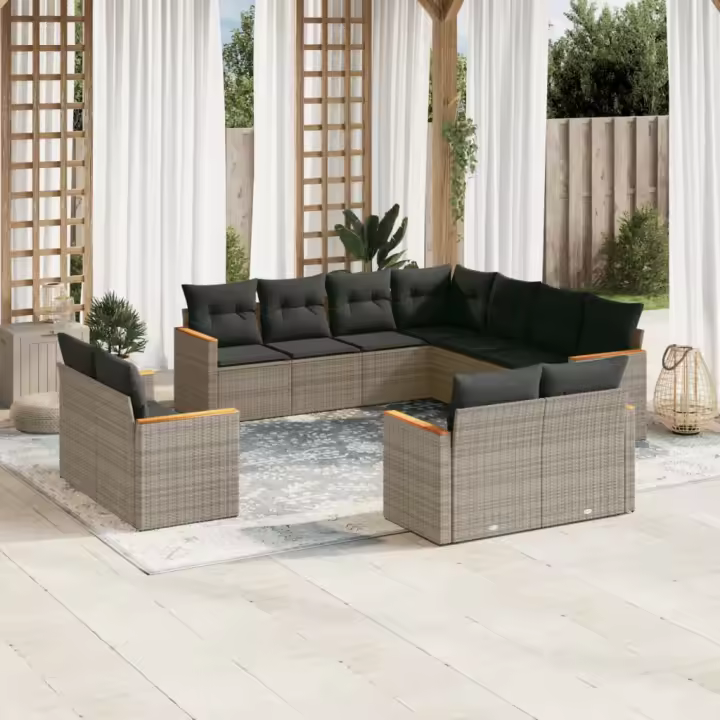 vidaXL Set de sofás de jardín 11 pzas y cojines ratán sintético gris - 1