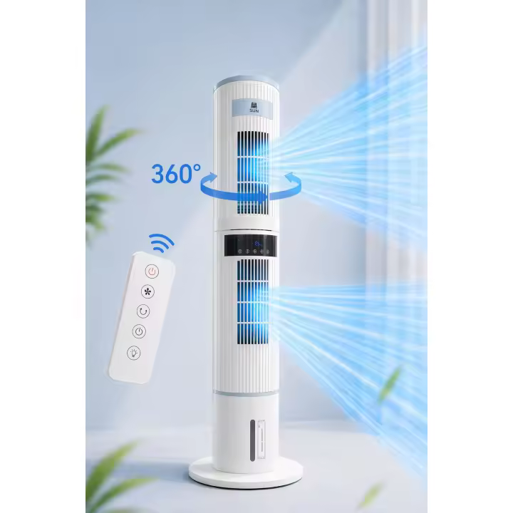 Climatizador de Torre PREMIUM 360º - Enfriador Evaporativo de Doble Salida Independiente, Tanque 4L, Mando y Función Hielo - 1