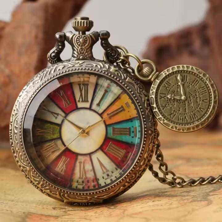 Reloj De Bolsillo Retro De Bronce Con Dial De Numeros Romanos Y Reloj Cuarzo Pendiente Colgante Para Hombre Y Mujer - 1