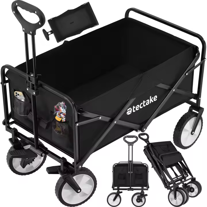 Tectake - Carrito de mano plegable León con freno, capacidad de carga 80 kg  Uso versátil  Con dos bolsillos de rejilla en la cara exterior  Estable estructura de acero con un práctico clip de sujeción para el asa telescópica - 1