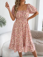 Vestido Elegante De Primavera Y Verano Para Mujer Con Estampado Floral Cuello Cuadrado Manga Corta Volante Al Borde Vestido A-Line De Rodilla - details 2