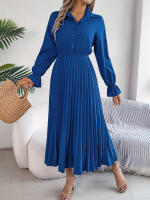 Vestido Largo De Primavera Verano Para Mujer Estilo Casual Color Sólido Cuello Polo Botones Mangas Flares Pliegues Centenares Vestido A-Line - details 11