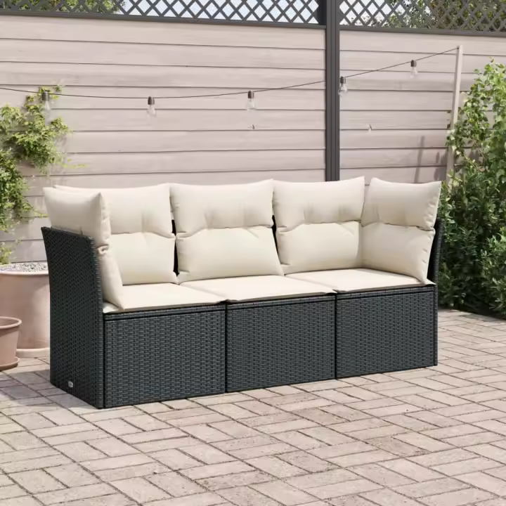 vidaXL Set de sofá de jardín 3 pzas y cojines ratán sintético en color Gris/Negro y crema/beige y gris | acolchados duraderos para sofás de jardín terraza exterior - 1