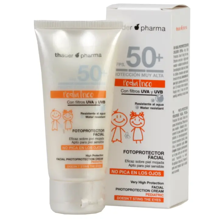 Thader Pharma Fotoprotector facial pediátrico en crema con FPS 50+ resistente al agua y a las fricciones, 50 ml - 1