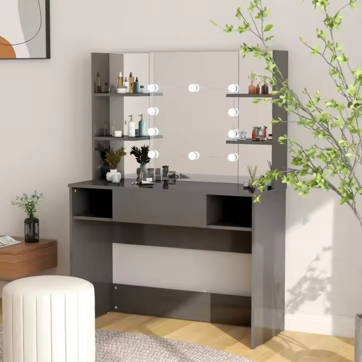 vidaXL Tocador de maquillaje luces LED MDF gris brillo 100x40x135 cm - 1