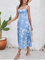 NewAsia Vestido Midi Sin Mangas Para Mujer Con Estampado Y Cuello En V Dos Capas Sin Espalda Casual Verano Azul - details 4