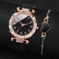 Reloj De Cuarzo Para Mujer Con Correa De Cuero PU Y Rhinestone 2PCS/set Con Pulsera De Corazón Moda Casual No Aquejado Al Agua - details 1