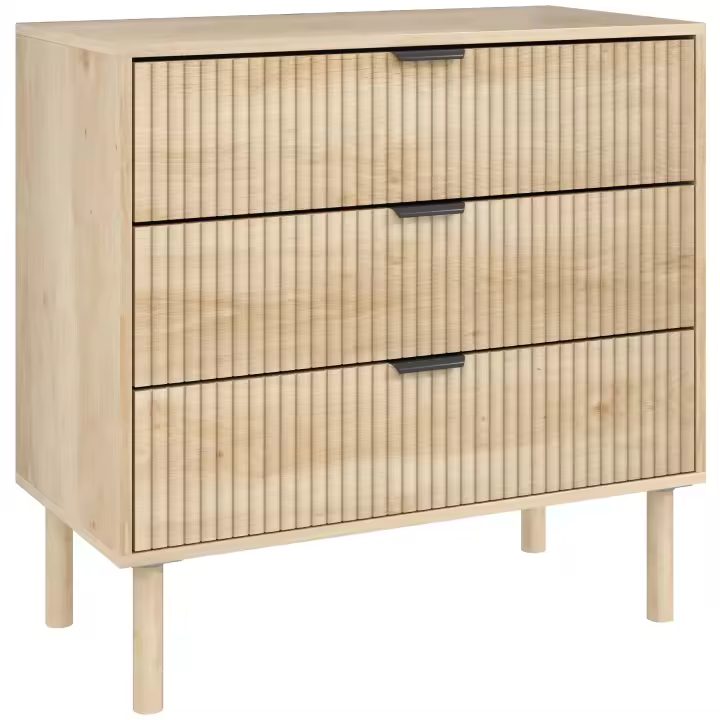 HOMCOM Cómoda con 3 Cajones Cómoda de Dormitorio Estilo Nórdico con Sistema Anti-vuelco Frentes con Paneles Acanalados y Tiradores Metálicos Cajonera para Salón Pasillo 80x40x77,5 cm Roble - 1