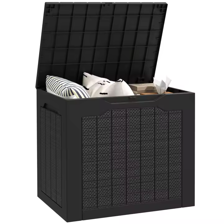 Outsunny Baúl de Almacenaje Exterior 93L Arcón de Jardín Exterior Pequeño de Plástico Impermeable con 2 Asas Integradas y Soporte para Candado 56x41x50 cm Negro - 1