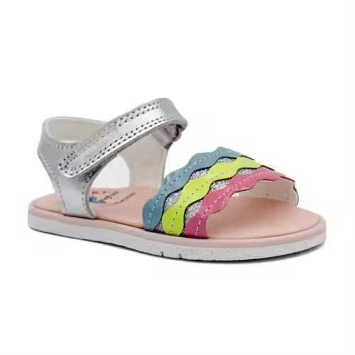 Sandalias barefoot niña piel PABLOSKY 054250 en plata con tira multicolor. Hechas en España. - 1