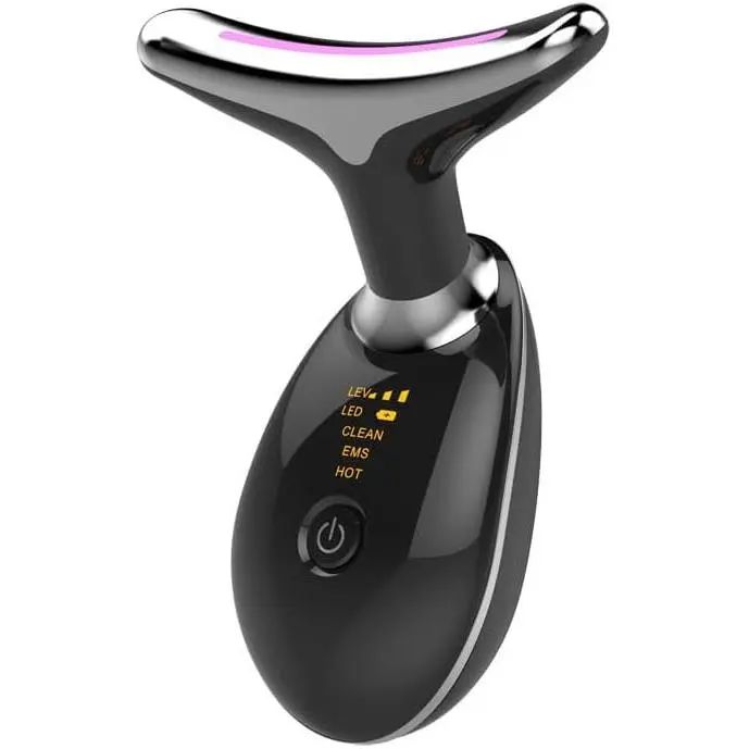 Terapia de luz roja para rostro y cuello, masajeador facial y de cuello, herramienta de masaje facial de 7 colores para arrugas, papada, masajeador facial vibratorio con termales para el cuidado de la piel (negro) - 1