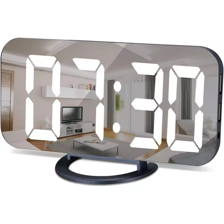 Reloj despertador para dormitorio, relojes digitales LED y con espejo, pantalla grande, con 2 puertos de carga USB, atenuación automática, función de repetición, reloj de escritorio/pared moderno para - 1