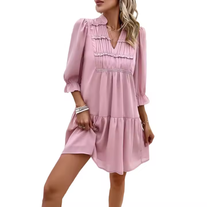 Vestido casual con cuello en V de color sólido de primavera y verano 2024 - 1