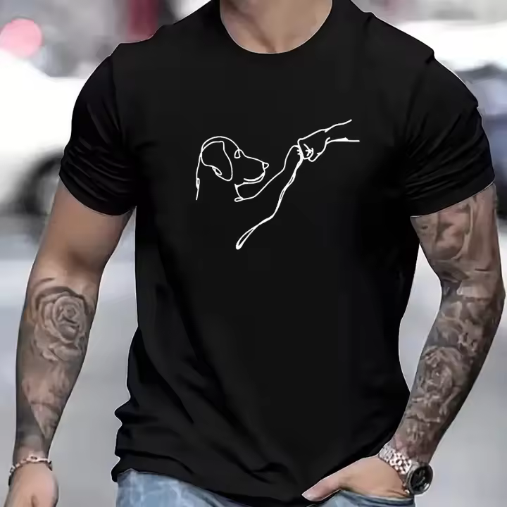 Camiseta De Verano Para Hombre Algodón 100% Ajustada Con Línea De Dibujo High Fives Estampada Cuello Redondo Manga Corta Deportiva Casual - 1