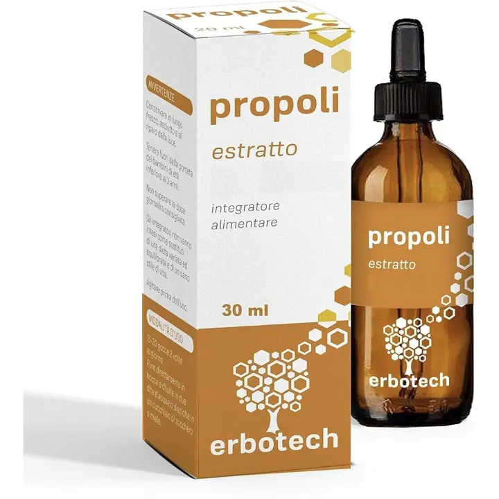 Erbotech, Extracto de Propóleo, Propóleo en Gotas, 30ml, Propóleo 100% Puro y Natural, 70% Alcohol, Tinta Madre, Remedio Natural para Dolor de Garganta y Tos, Apoya La Salud Respiratoria, ideal para Vegetarianos, Hecho en Italia - 1