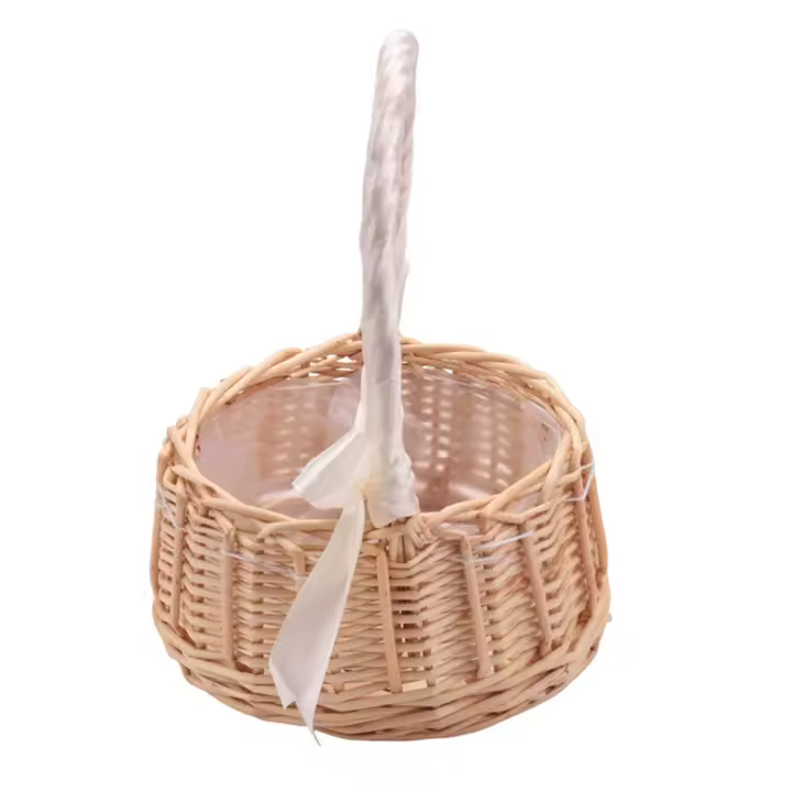 Cesta de flores tejida de mimbre, con asa y cinta blanca, cestas de niña de las flores de boda, para decoración del jardín del hogar - 1