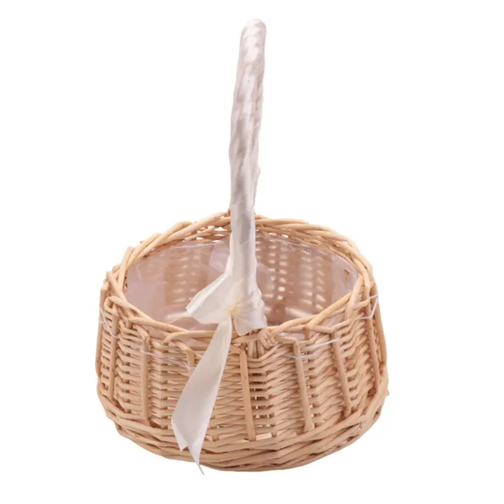 Cesta de flores tejida de mimbre, con asa y cinta blanca, cestas de niña de las flores de boda, para decoración del jardín del hogar - 1