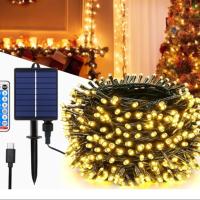 Guirnaldas Luces Exterior Solar 20M 200LEDs Cadena de Luz Solar con mando a distancia, 8 Modos, Temporizador, con Alimentación USB, Iluminación para Jardín Navidad Terraza Patio Fiestas, Blanco Cálido - details 1