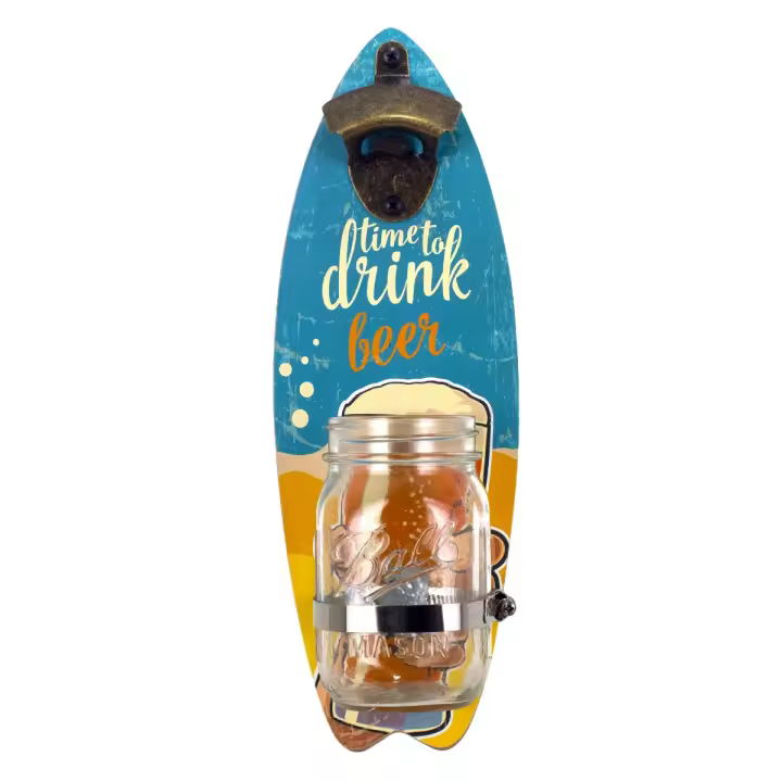 CAPRILO REGALOS & DECORACIÓN Abridor Botellas Pared de Madera y Metal con Bote para Chapas "Tabla Surf-Cerveza". Cuadros y Apliques. Adornos. Destapadores. Regalos Originales. Decoración Hogar. 11,50 x 9 x 33,50 cm - 1