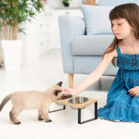 Tazas Para Gatos Elevadas Con Base De Madera 15° Tilted Anti Vómitos Doble Acero Inoxidable Alimentación Para Gatos Y Perros - details 4