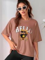 Camiseta De Verano Para Mujeres Casual Con Hombros Caídos Y Mangas Cortas Estampado De Letras Y Oso Suelto Y Versátil Moda 2024 - details 2