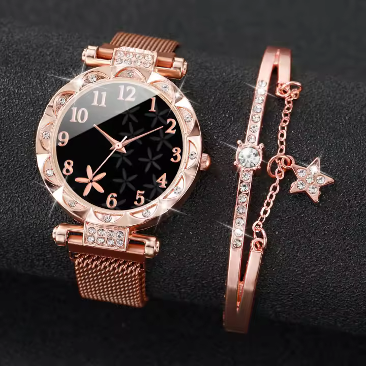 Reloj De Cuarzo Para Mujer Con Pulsera De Malla Y Hebilla Magnética Set De 2 Piezas Doble Fashion Con Dial De Flor Y Pulsera Estelar (Sin Caja) - 1