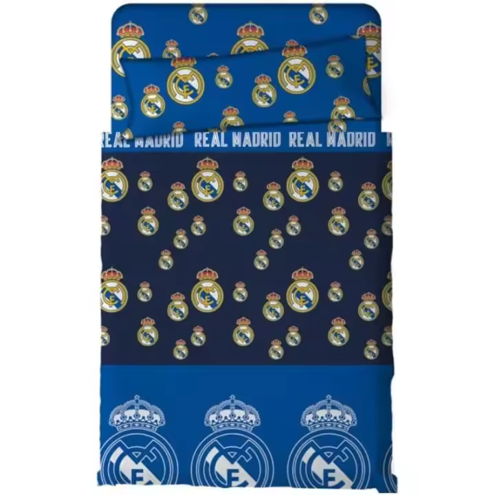 Juego de Sábanas Coralina Real Madrid 90 - 105 Cm, 3 Piezas (1 Sábana Encimera, 1 Funda de Almohada y 1 Sábana Bajera), Diseño con Escudos del Real Madrid Azul tacto suave Aterciopelado - 1