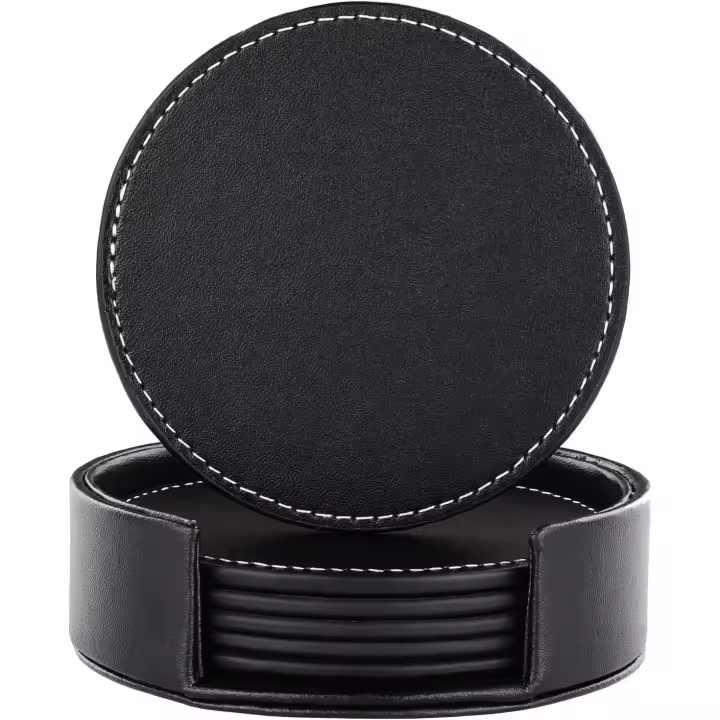 Posavasos de diseño con soporte - Juego de posavasos de cuero - Juego de 6 - Negro con costuras - 1