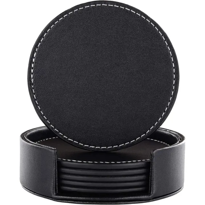 Posavasos de diseño con soporte - Juego de posavasos de cuero - Juego de 6 - Negro con costuras - 1