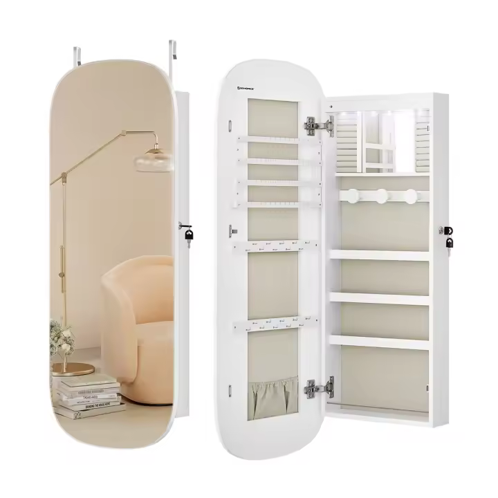 Espejo joyero de pared con luz led y cerradura, organizador con varios compartimentos para pendientes y collares, color blanco, habitación, dormitorio - 1