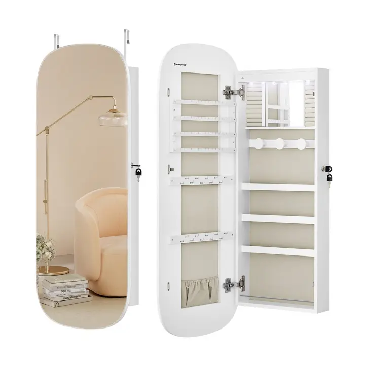 Espejo joyero de pared con luz led y cerradura, organizador con varios compartimentos para pendientes y collares, color blanco, habitación, dormitorio - 1