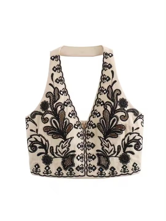 Las mujeres de dos piezas Set verano playa sin mangas V Masajeadores cuello chaleco Top y mini falda alta cintura floral Bordado estilo - 1