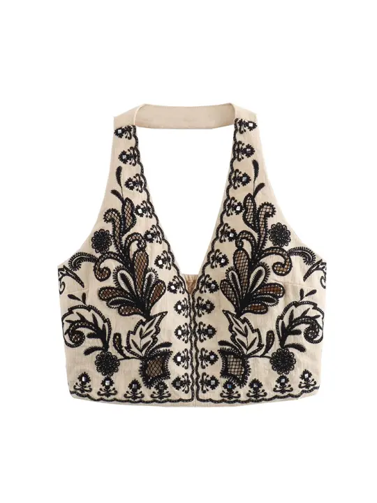 Las mujeres de dos piezas Set verano playa sin mangas V Masajeadores cuello chaleco Top y mini falda alta cintura floral Bordado estilo - 1