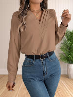 Blusa Elegante De Negocios Para Mujer Con Cuello En V Y Mangas Largas Vestido Trabajo Tops Casual De Poliéster Transpirable Para Otoño/Winter - details 1
