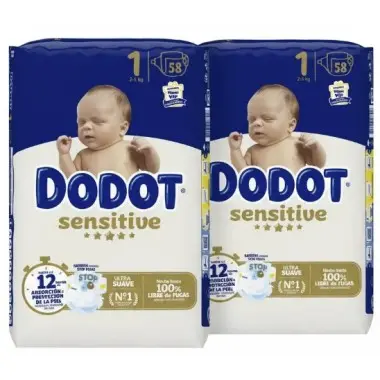 Pañales Dodot Sensitive Talla 1 (2-5 kg) Pack Ahorro 116 Unidades (2x58) – Suavidad Extrema + Barrera Stop Fugas - 1