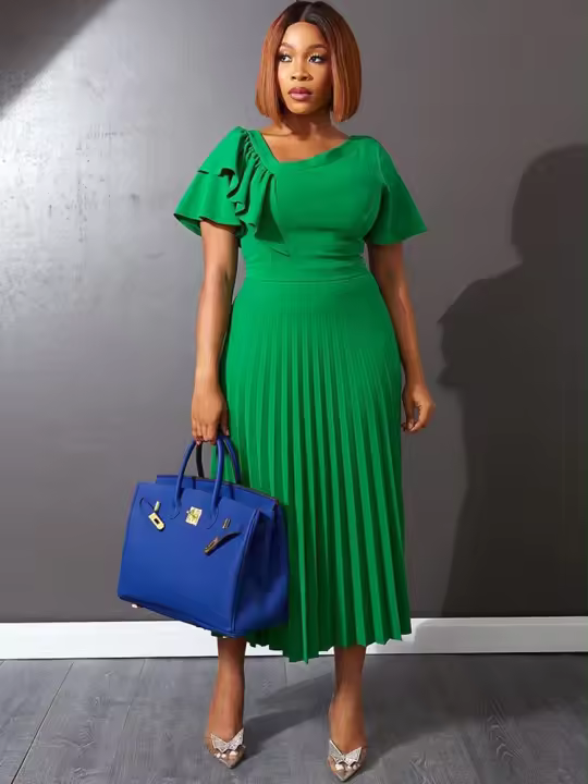 Vestido Midi Plisado Para Mujer Con Manga Corta Y Volantes Elegante Verde Amarillo A-Line Primavera Verano Chic Moda Fiesta Cumpleaños Ropa Decoración Borde Asimétrico Estilo Africano Cierre De Cremallera - 1