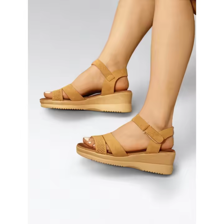 HLUNA - Sandalias de cuña baja con doble tira con efecto Ante - Sandalias de mujer para verano con pulsera al tobillo de velcro Negro y Marrón Camel s322-9 - 1