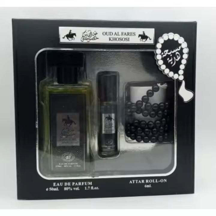 ESTUCHE DE PERFUME ÁRABE DE 50 ML CON REGALO DE ROLL ON DE OUD AL FARES DE KHOSOSI - 1